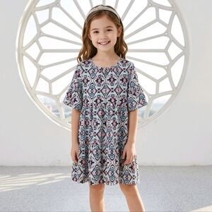 True Craft Girls 7 Tribal Print Flutter Sleeve Casual Tiered Full Dress Colorful